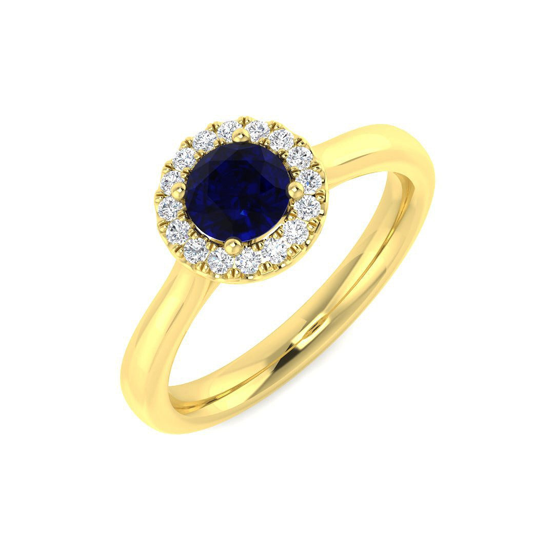 Diamond Blue Sapphire Halo Ring with Round Natural Pave Diamond in 10K/14K gold and platinum with certified lab-grown or natural diamonds