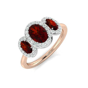Ruby Ring Oval Cut Trilogy Halo with Diamond Pave in 10K/14K gold and platinum with certified lab-grown or natural diamonds