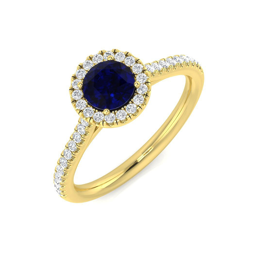 Round Blue Sapphire Halo Ring in 10K/14K gold and platinum with certified lab-grown or natural diamonds