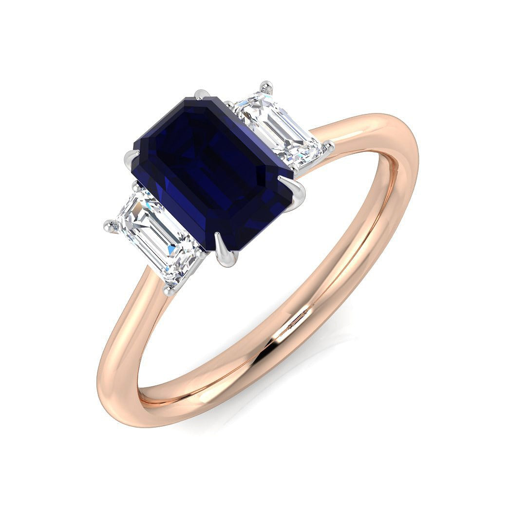 Blue Sapphire Trilogy Ring with Baguette Diamonds in 10K/14K gold and platinum with certified lab-grown or natural diamonds