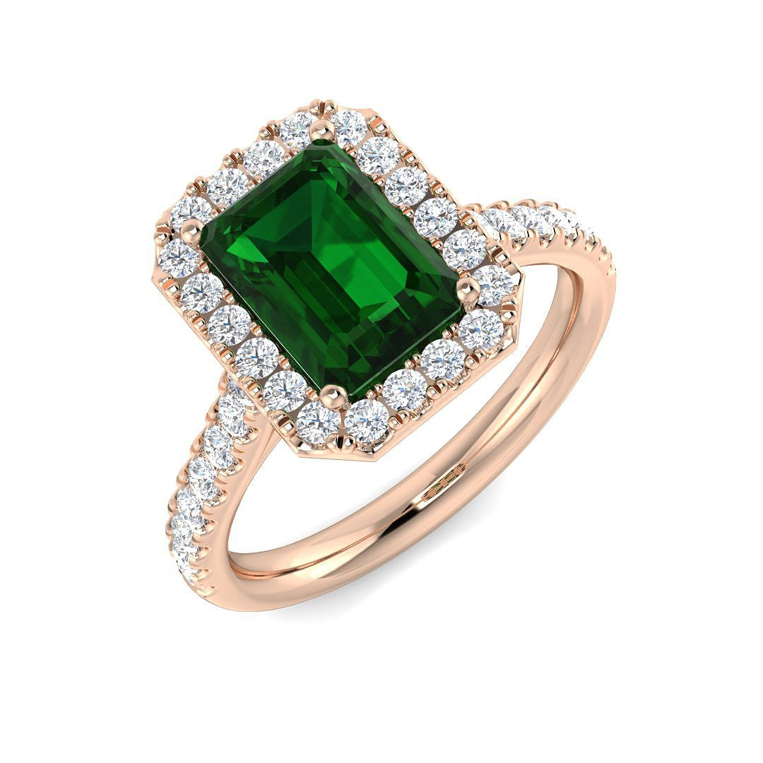Solitaire Emerald Ring with Round Diamond Accents in 10K/14K gold and platinum with certified lab-grown or natural diamonds