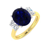 Natural Oval Cut Blue Sapphire with Side Stone Ring in Prong Set in 10K/14K gold and platinum with certified lab-grown or natural diamonds