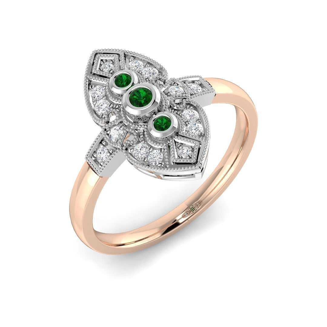 Emerald Trio Ring with Milgrain Diamond Design in 10K/14K gold and platinum with certified lab-grown or natural diamonds