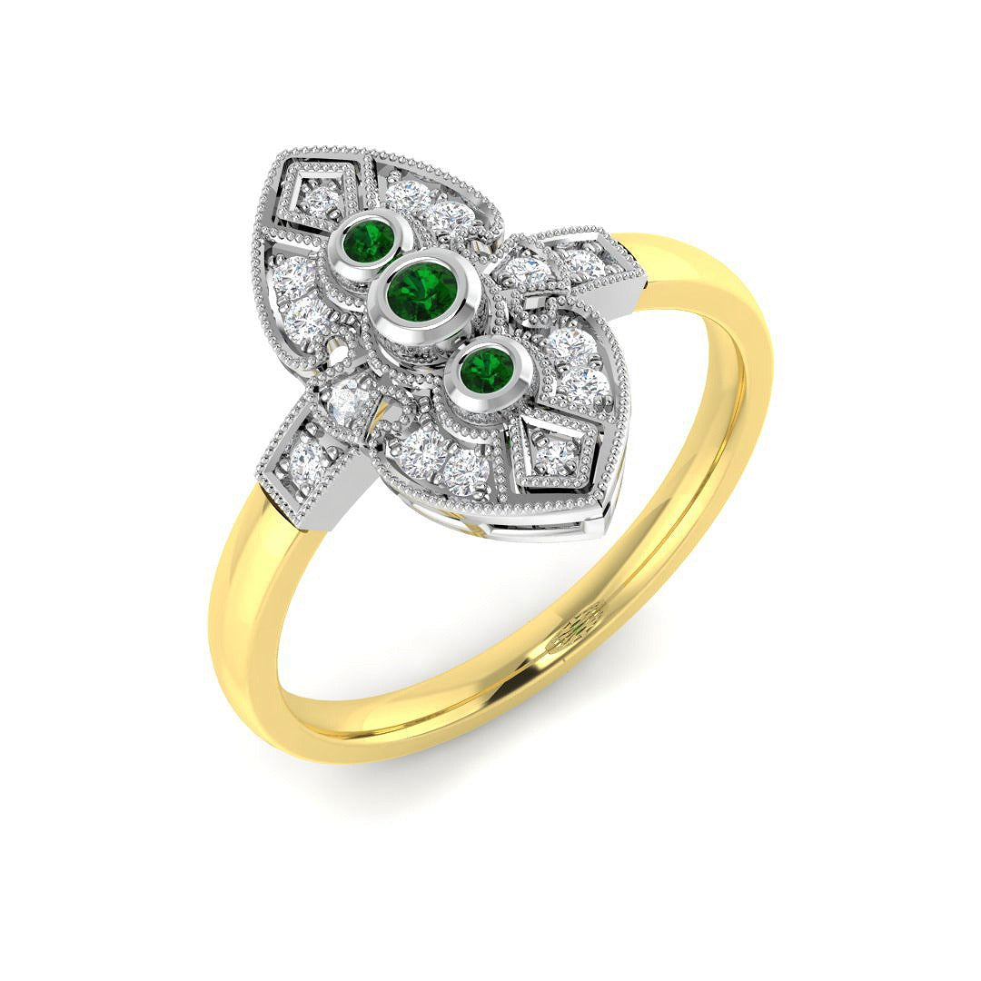 Emerald Trio Ring with Milgrain Diamond Design in 10K/14K gold and platinum with certified lab-grown or natural diamonds