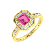 Pink Sapphire Halo Ring with Pave Diamonds Vintage Milgrain in 10K/14K gold and platinum with certified lab-grown or natural diamonds