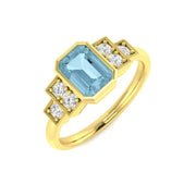 Emerald Cut Aquamarine Ring with Round Pave Diamonds in 10K/14K gold and platinum with certified lab-grown or natural diamonds
