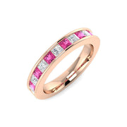 Pink Sapphire Half Eternity Ring with Round Diamond Channel Setting in 10K/14K gold and platinum with certified lab-grown or natural diamonds