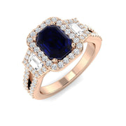 Emerald Cut Blue Sapphire Halo & Baguette Diamond Split Shank Engagement Ring in 10K/14K gold and platinum with certified lab-grown or natural diamonds