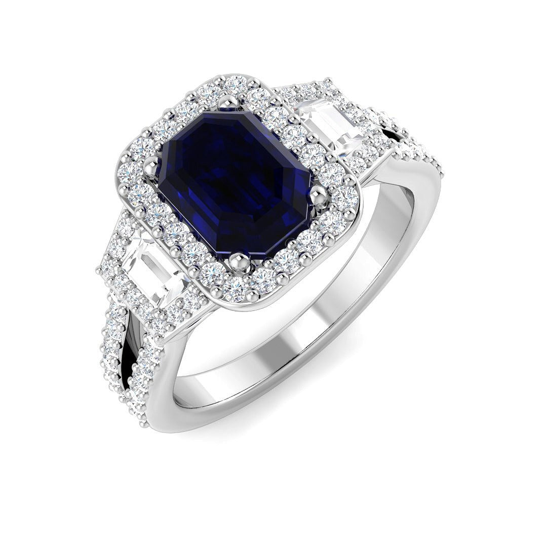 Emerald Cut Blue Sapphire Halo & Baguette Diamond Split Shank Engagement Ring in 10K/14K gold and platinum with certified lab-grown or natural diamonds