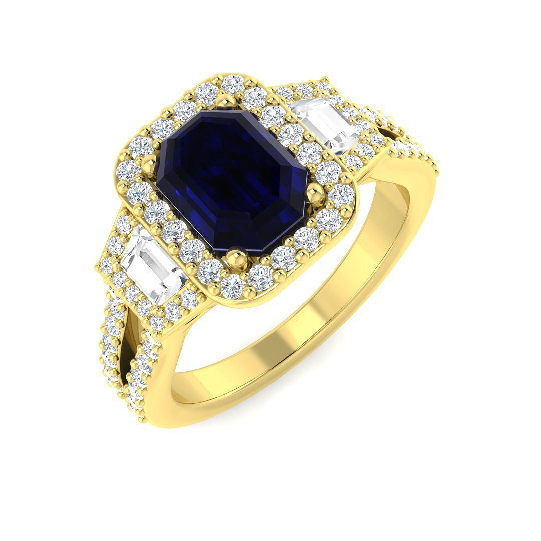 Emerald Cut Blue Sapphire Halo & Baguette Diamond Split Shank Engagement Ring in 10K/14K gold and platinum with certified lab-grown or natural diamonds