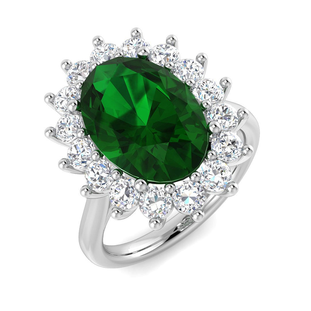 Oval Cut Emerald Diamond Halo Ring with Cluster Natural Diamonds in 10K/14K gold and platinum with certified lab-grown or natural diamonds