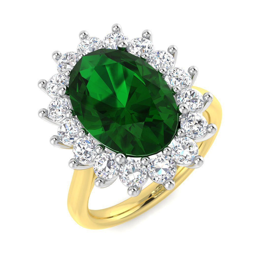 Oval Cut Emerald Diamond Halo Ring with Cluster Natural Diamonds in 10K/14K gold and platinum with certified lab-grown or natural diamonds