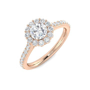 Round Diamond Halo Engagement Ring with Pavé Band in 10K/14K gold and platinum with certified lab-grown or natural diamonds