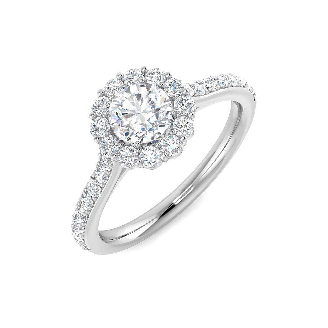 Round Diamond Halo Engagement Ring with Pavé Band in 10K/14K gold and platinum with certified lab-grown or natural diamonds