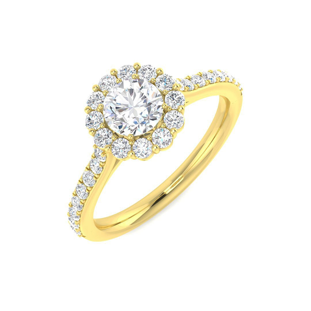 Round Diamond Halo Engagement Ring with Pavé Band in 10K/14K gold and platinum with certified lab-grown or natural diamonds