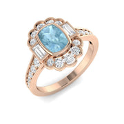 Cushion Cut Aquamarine Ring with Natural Diamonds - Vintage Ring in 10K/14K gold and platinum with certified lab-grown or natural diamonds