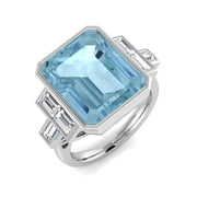 Emerald Cut Aquamarine Gemstone with Milgrain Baguette Diamonds in 10K/14K gold and platinum with certified lab-grown or natural diamonds