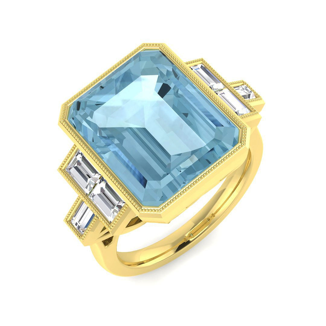 Emerald Cut Aquamarine Gemstone with Milgrain Baguette Diamonds in 10K/14K gold and platinum with certified lab-grown or natural diamonds
