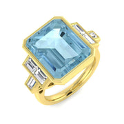 Emerald Cut Aquamarine Gemstone with Milgrain Baguette Diamonds in 10K/14K gold and platinum with certified lab-grown or natural diamonds