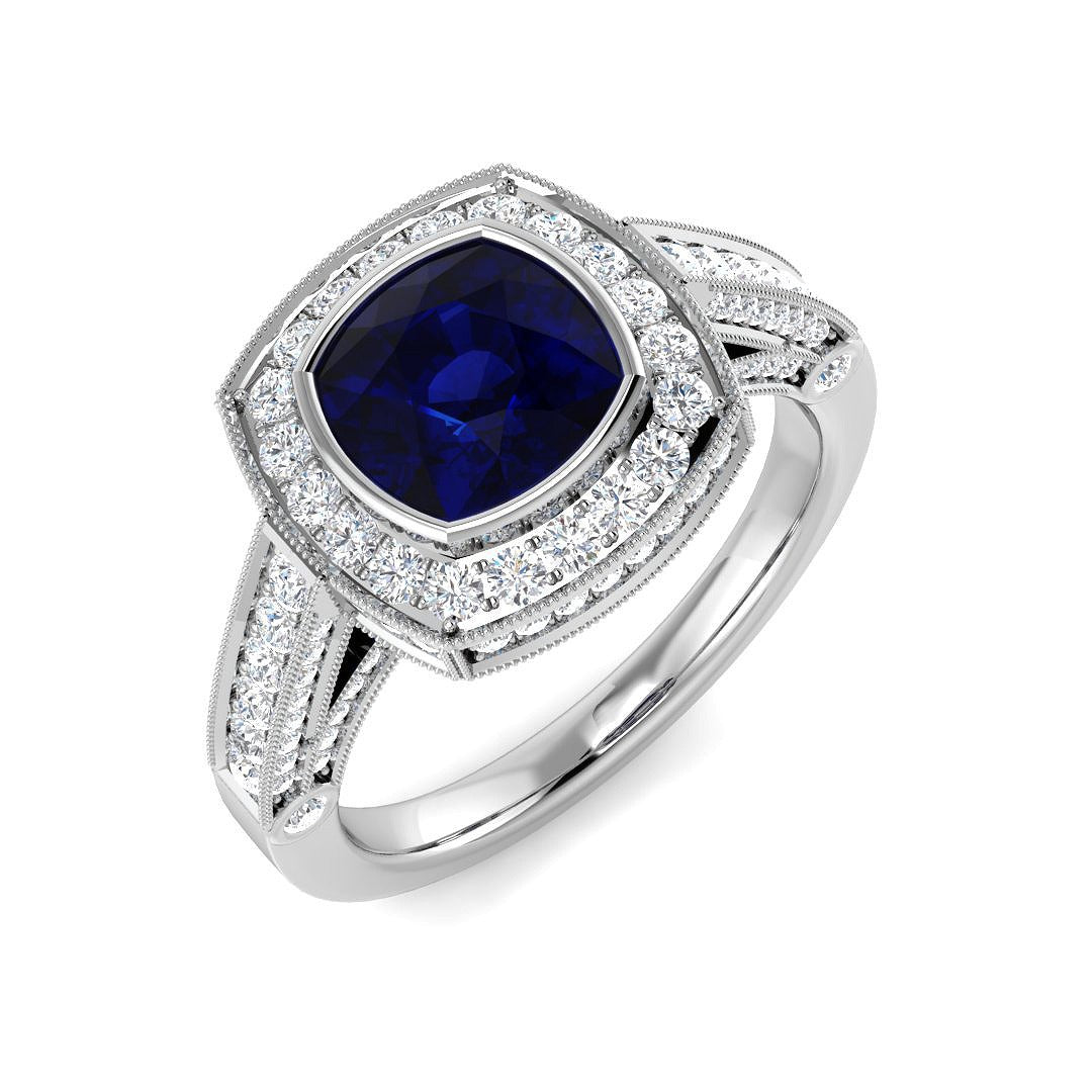 Vintage Cushion Cut Blue Sapphire Halo Diamond Engagement Ring - UK Made in 10K/14K gold and platinum with certified lab-grown or natural diamonds