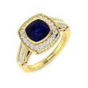Vintage Cushion Cut Blue Sapphire Halo Diamond Engagement Ring - UK Made in 10K/14K gold and platinum with certified lab-grown or natural diamonds