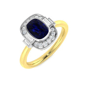 Vintage Bezel Oval Blue Sapphire Halo Diamond Engagement Ring - UK Made in 10K/14K gold and platinum with certified lab-grown or natural diamonds
