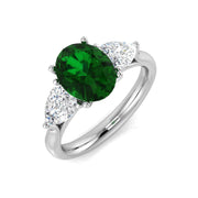 Oval Cut Emerald Ring with Pear Diamond Side Stones in 10K/14K gold and platinum with certified lab-grown or natural diamonds