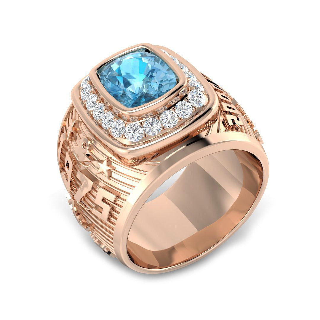 Cushion Cut Blue Topaz Ring with Pave Diamonds in 10K/14K gold and platinum with certified lab-grown or natural diamonds