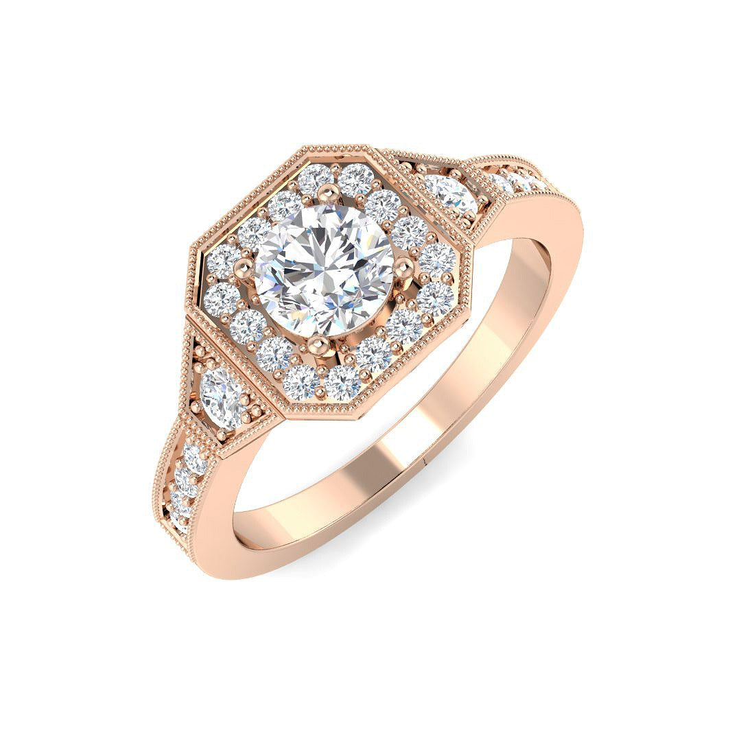 Hexagon Halo Diamond Engagement Ring 0.75ct in 10K/14K gold and platinum with certified lab-grown or natural diamonds