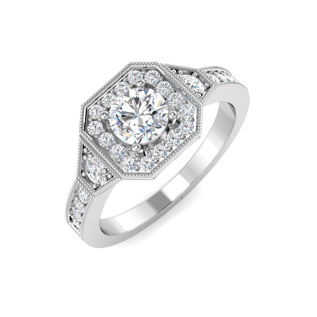 Hexagon Halo Diamond Engagement Ring 0.75ct in 10K/14K gold and platinum with certified lab-grown or natural diamonds