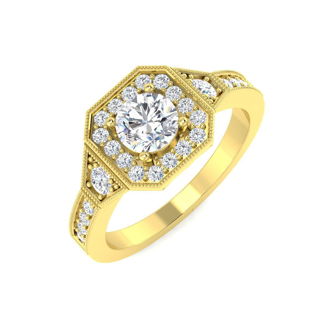 Hexagon Halo Diamond Engagement Ring 0.75ct in 10K/14K gold and platinum with certified lab-grown or natural diamonds