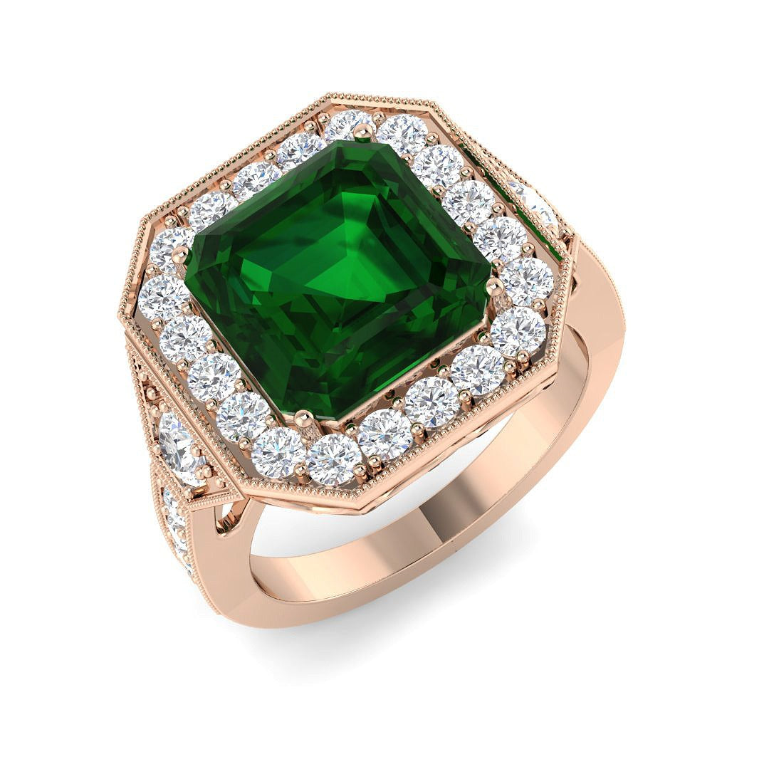 Green Emerald Halo Ring with Natural Diamond in 10K/14K gold and platinum with certified lab-grown or natural diamonds