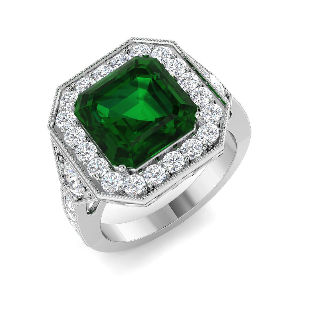 Green Emerald Halo Ring with Natural Diamond in 10K/14K gold and platinum with certified lab-grown or natural diamonds