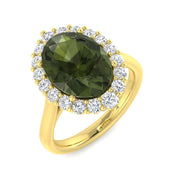 Oval Green Tourmaline Ring with Round Halo Diamonds in 10K/14K gold and platinum with certified lab-grown or natural diamonds