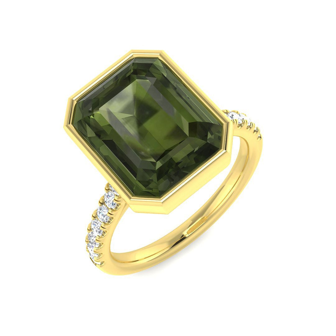 Green Tourmaline Emerald Cut Ring in 10K/14K gold and platinum with certified lab-grown or natural diamonds