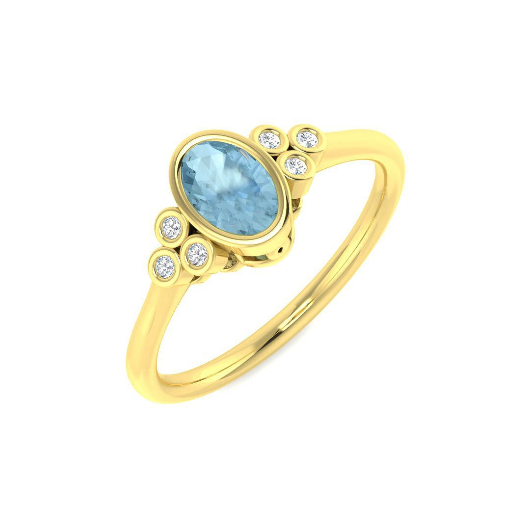 Diamond Aquamarine Ring with Natural Round Side Stones - UK Hallmarked in 10K/14K gold and platinum with certified lab-grown or natural diamonds