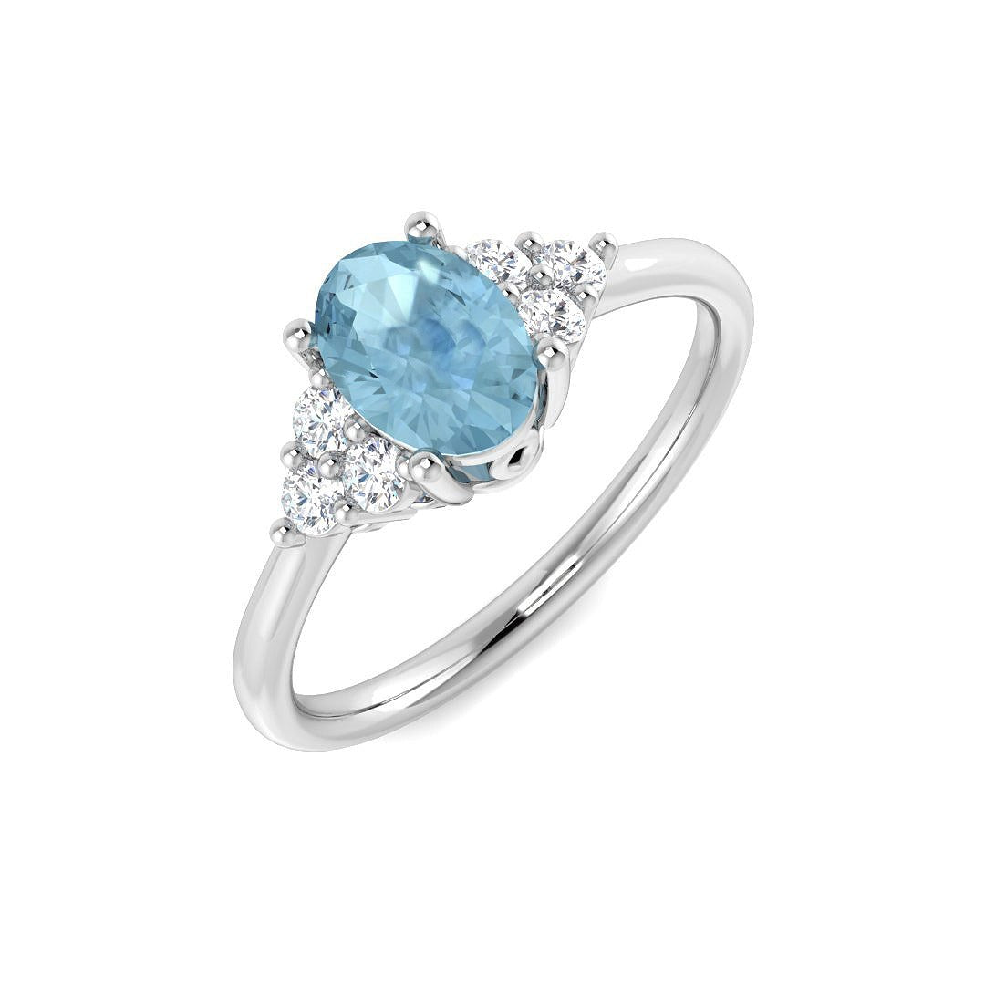 Oval Cut Aquamarine Ring with Cluster Side Accents in 10K/14K gold and platinum with certified lab-grown or natural diamonds