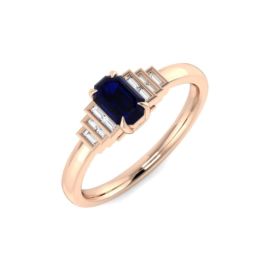 Emerald Cut Blue Sapphire & Baguette Diamond Ring in 10K/14K gold and platinum with certified lab-grown or natural diamonds