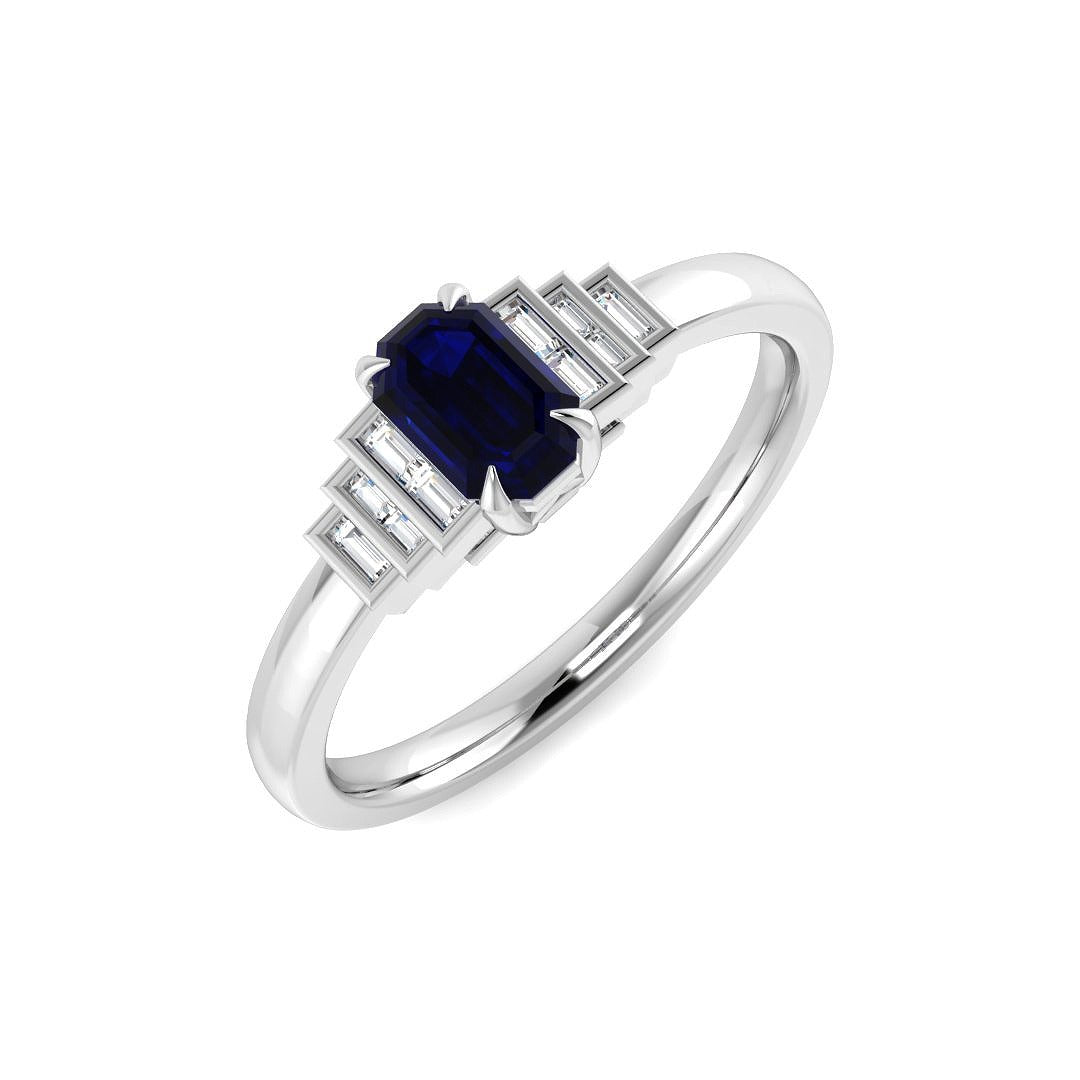 Emerald Cut Blue Sapphire & Baguette Diamond Ring in 10K/14K gold and platinum with certified lab-grown or natural diamonds