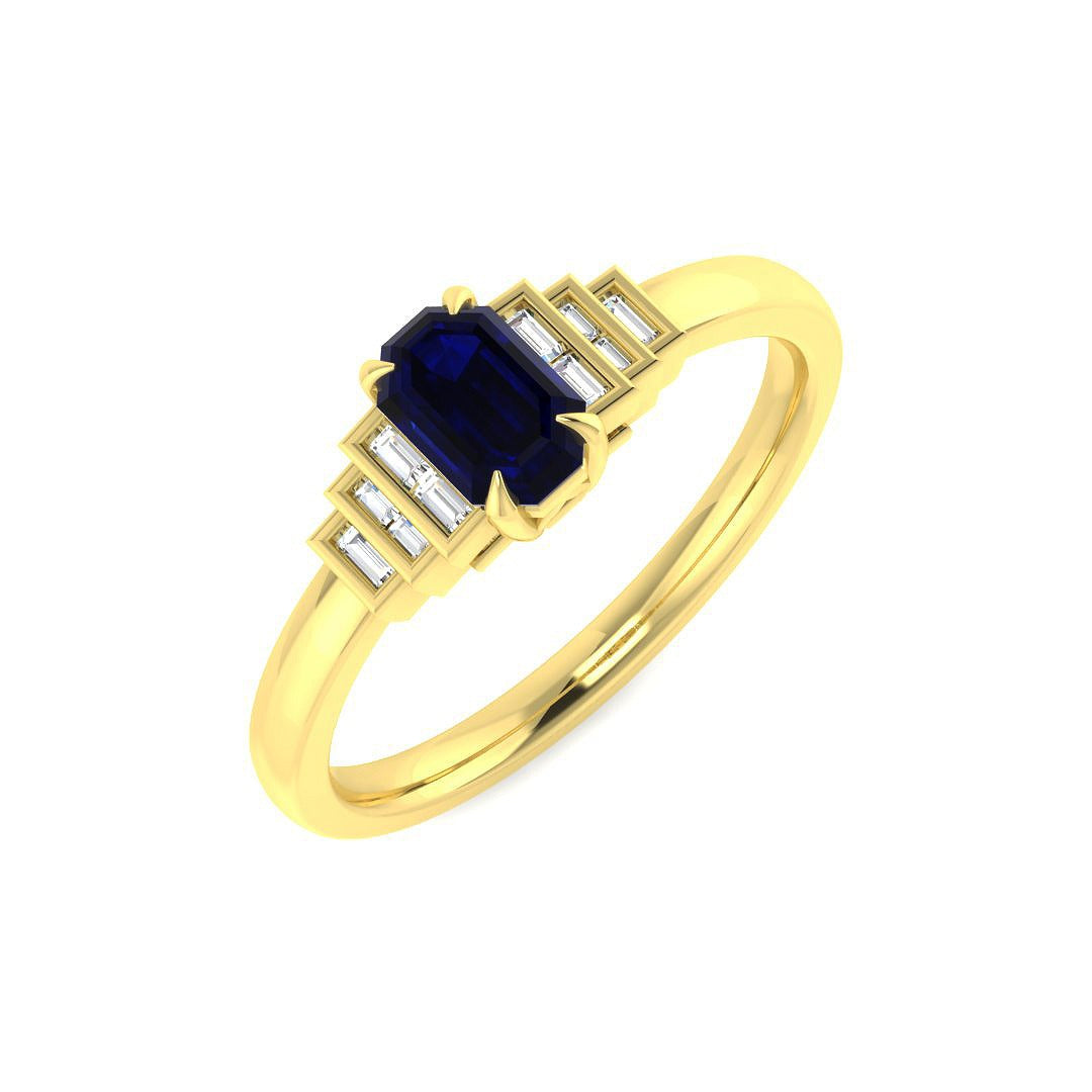Emerald Cut Blue Sapphire & Baguette Diamond Ring in 10K/14K gold and platinum with certified lab-grown or natural diamonds