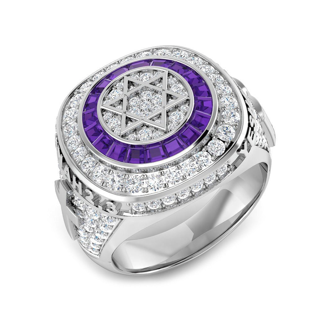 Star of David Championship Ring for Men Amethyst Halo Pave Diamonds in 10K/14K gold and platinum with certified lab-grown or natural diamonds