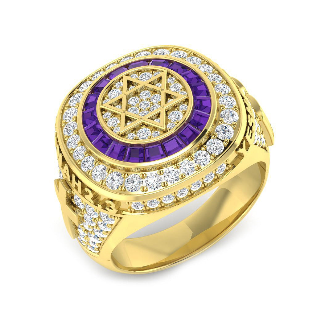 Star of David Championship Ring for Men Amethyst Halo Pave Diamonds in 10K/14K gold and platinum with certified lab-grown or natural diamonds