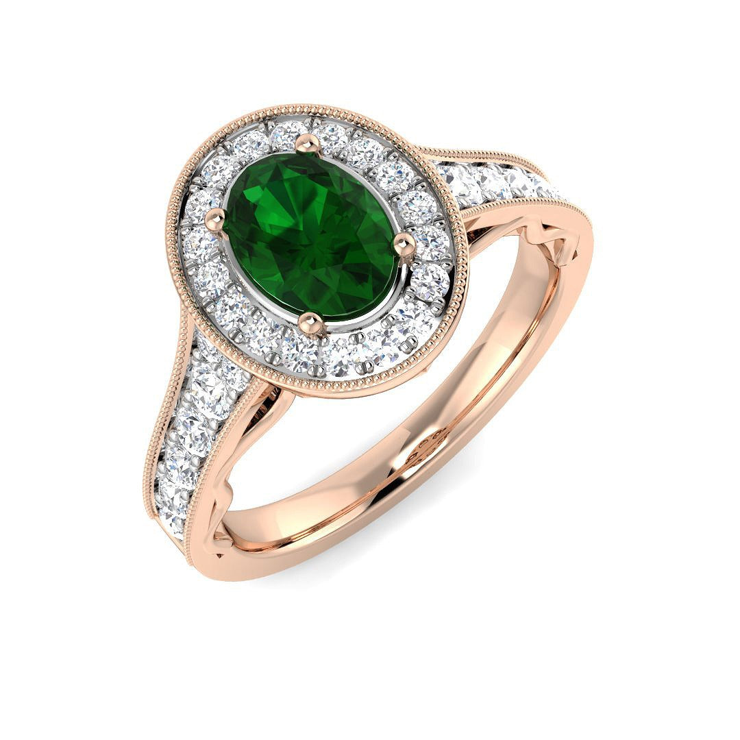 Oval Emerald Halo Ring with Natural Round Diamond in 10K/14K gold and platinum with certified lab-grown or natural diamonds