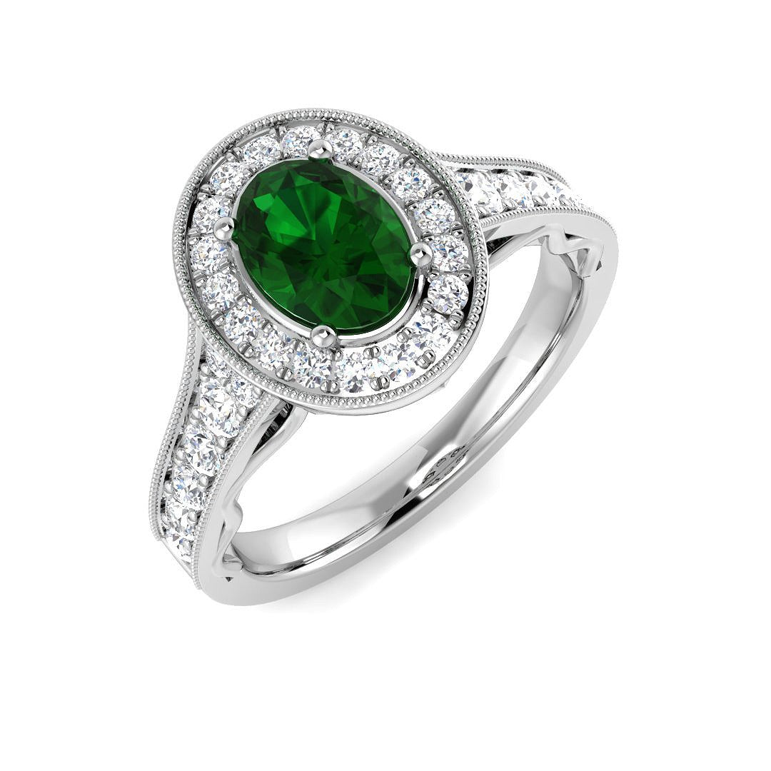 Oval Emerald Halo Ring with Natural Round Diamond in 10K/14K gold and platinum with certified lab-grown or natural diamonds