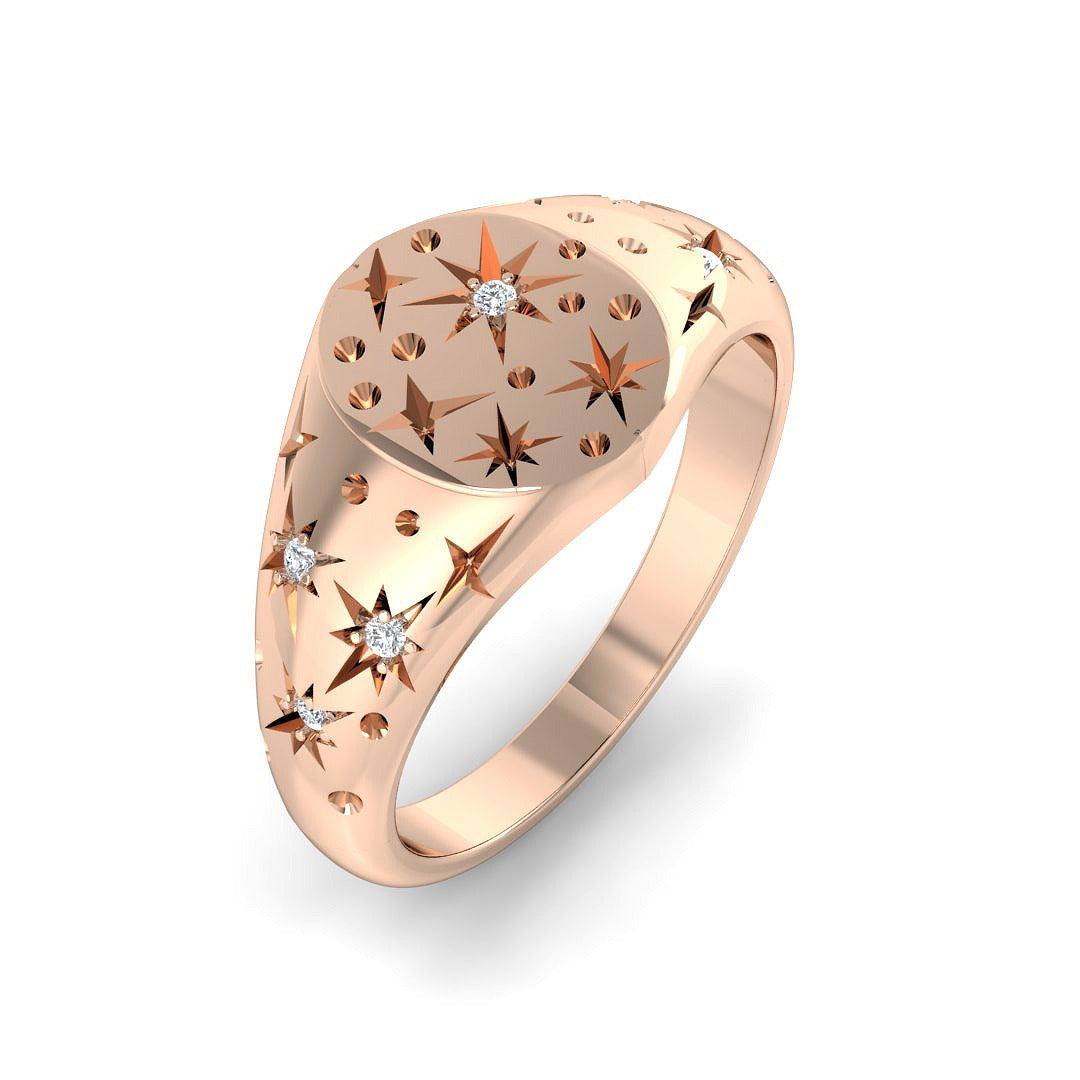 Luxury Diamond Star Signet Ring in 10K/14K gold and platinum with certified lab-grown or natural diamonds