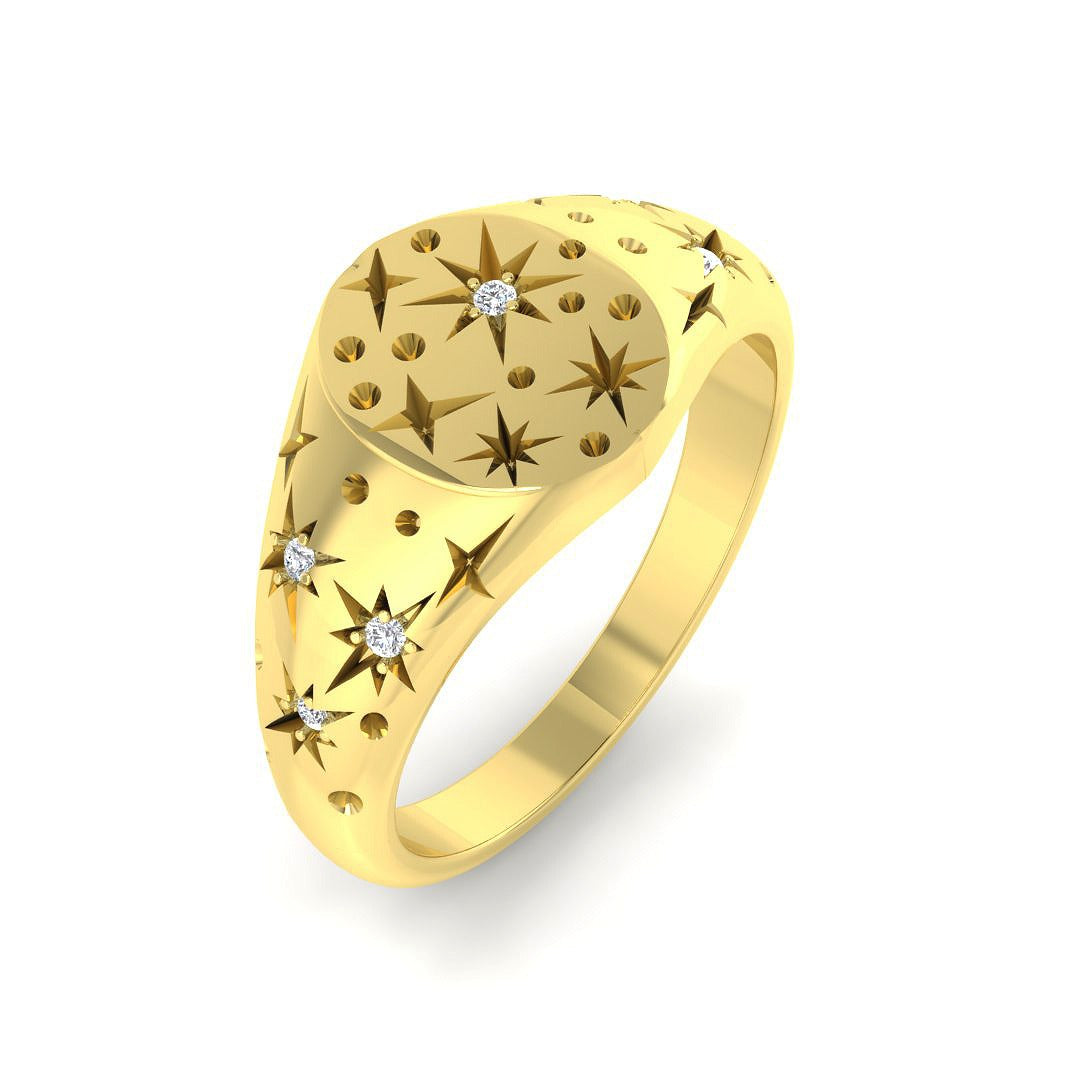 Luxury Diamond Star Signet Ring in 10K/14K gold and platinum with certified lab-grown or natural diamonds