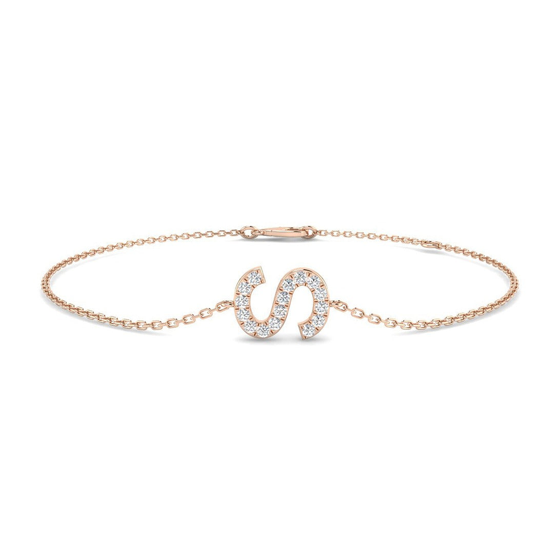 Round Cut Pave Lab Grown Diamond Alphabet S Bracelet with Chain Solid in 10K/14K gold and platinum with certified lab-grown or natural diamonds