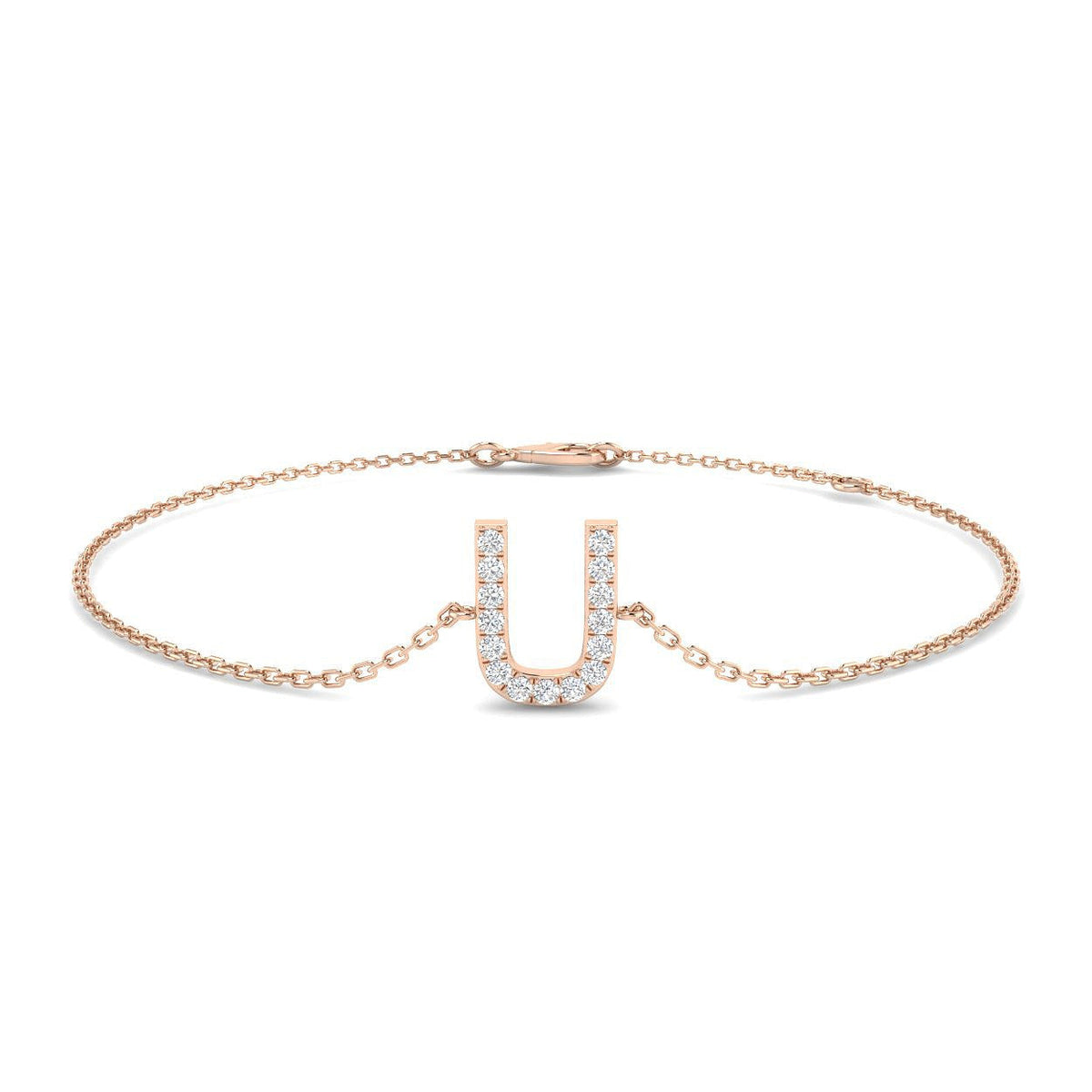 Alphabet U Bracelet with Pave Set Round Natural Diamonds and Lobster Claw in 10K/14K gold and platinum with certified lab-grown or natural diamonds