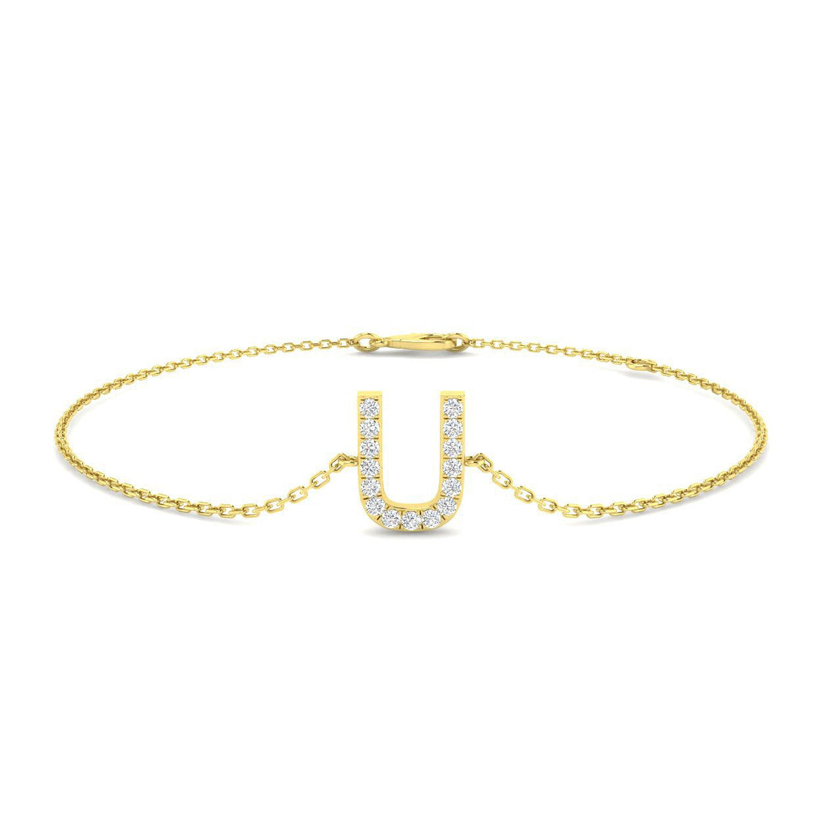 Alphabet U Bracelet with Pave Set Round Natural Diamonds and Lobster Claw in 10K/14K gold and platinum with certified lab-grown or natural diamonds