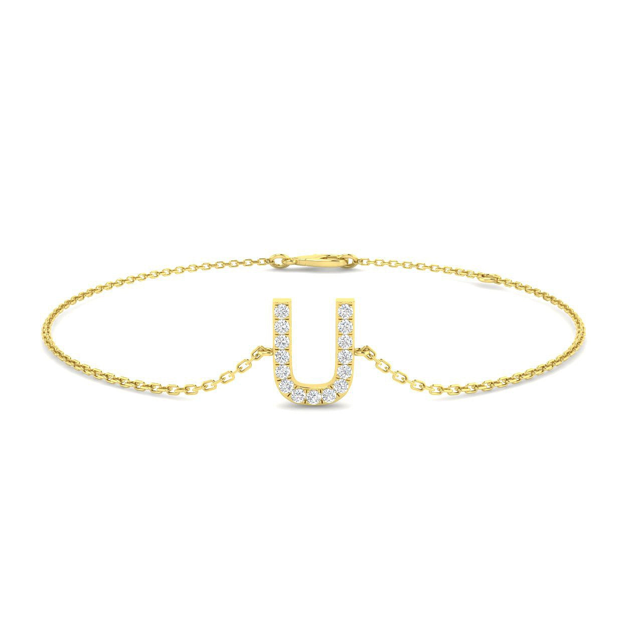 Alphabet U Bracelet with Pave Set Round Natural Diamonds and Lobster Claw in 10K/14K gold and platinum with certified lab-grown or natural diamonds